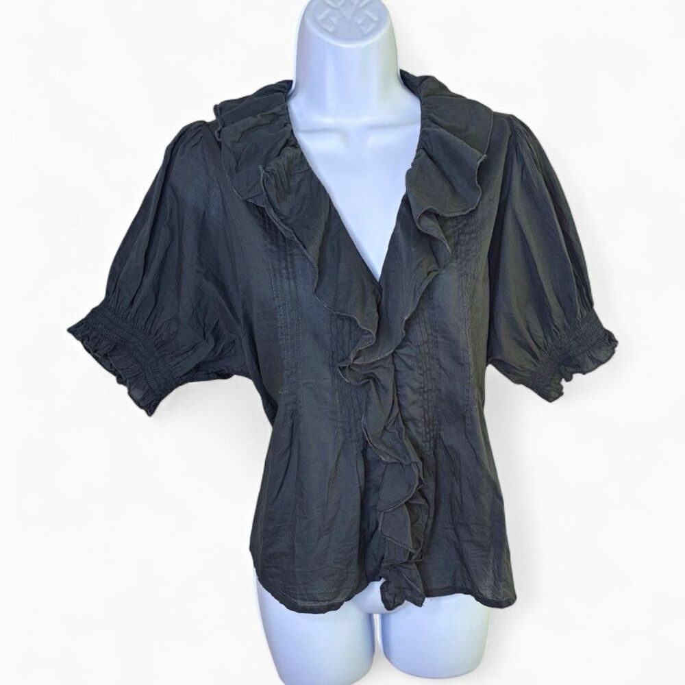 Natural Life Dark Gray Ruffle Front V-Neck Short Sleeve Blouse Size M